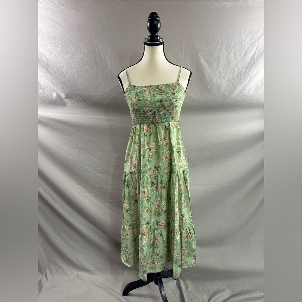 LAST ONE 🔥 Boho Floral Print Ruffle Hem Cami Dress Midi Green - Picture 6 of 9